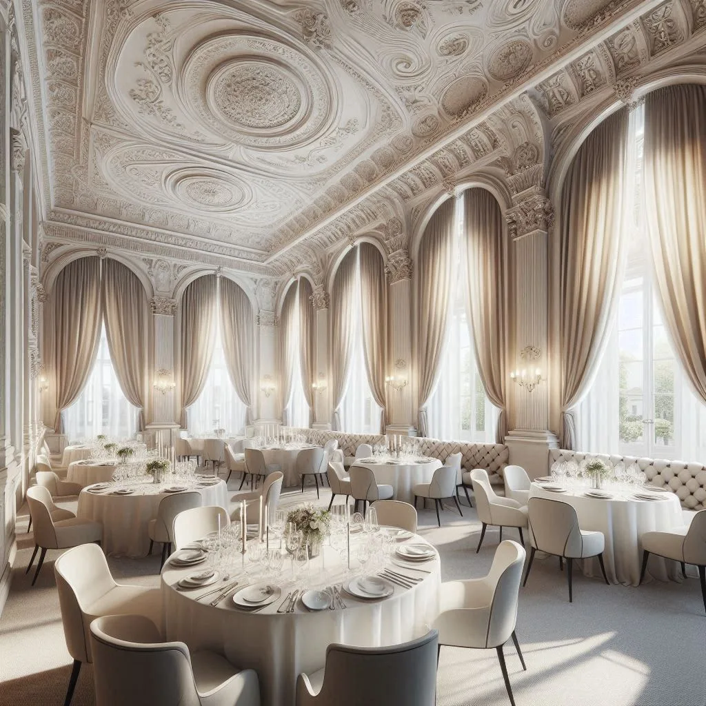 Concepto de restaurante neoclásico con techo de estuco y grandes ventanales — Véline Interiors