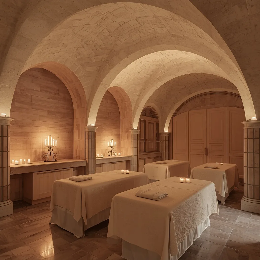 Concepto de spa neoclásico con piscina interior, columnas y bóveda de piedra — Véline Interiors
