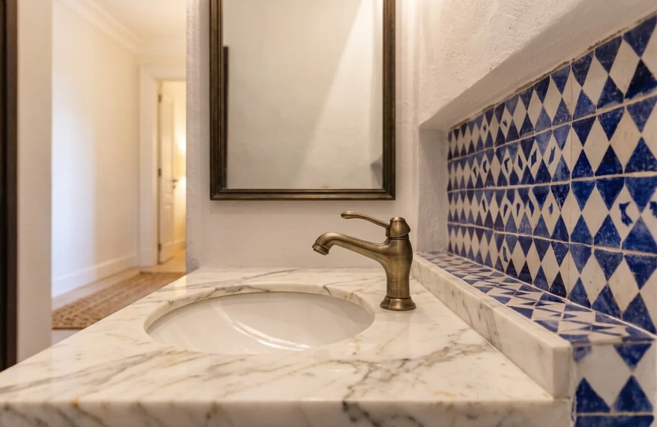 Baño de hotel boutique con materiales nobles y diseño neoclásico contemporáneo en Portugal — Véline Interiors