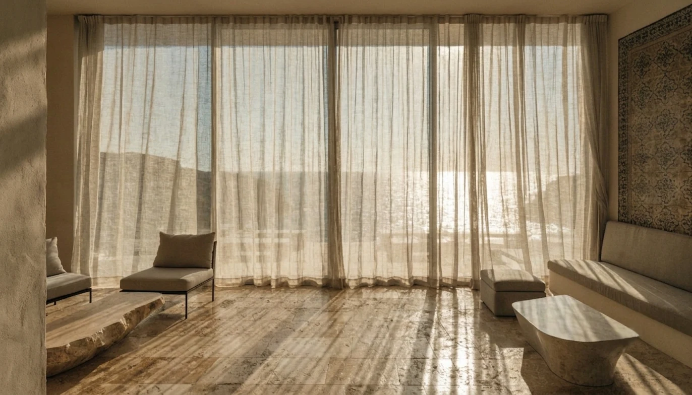 Lobby de resort de lujo en el Algarve con luz atlántica y materiales locales