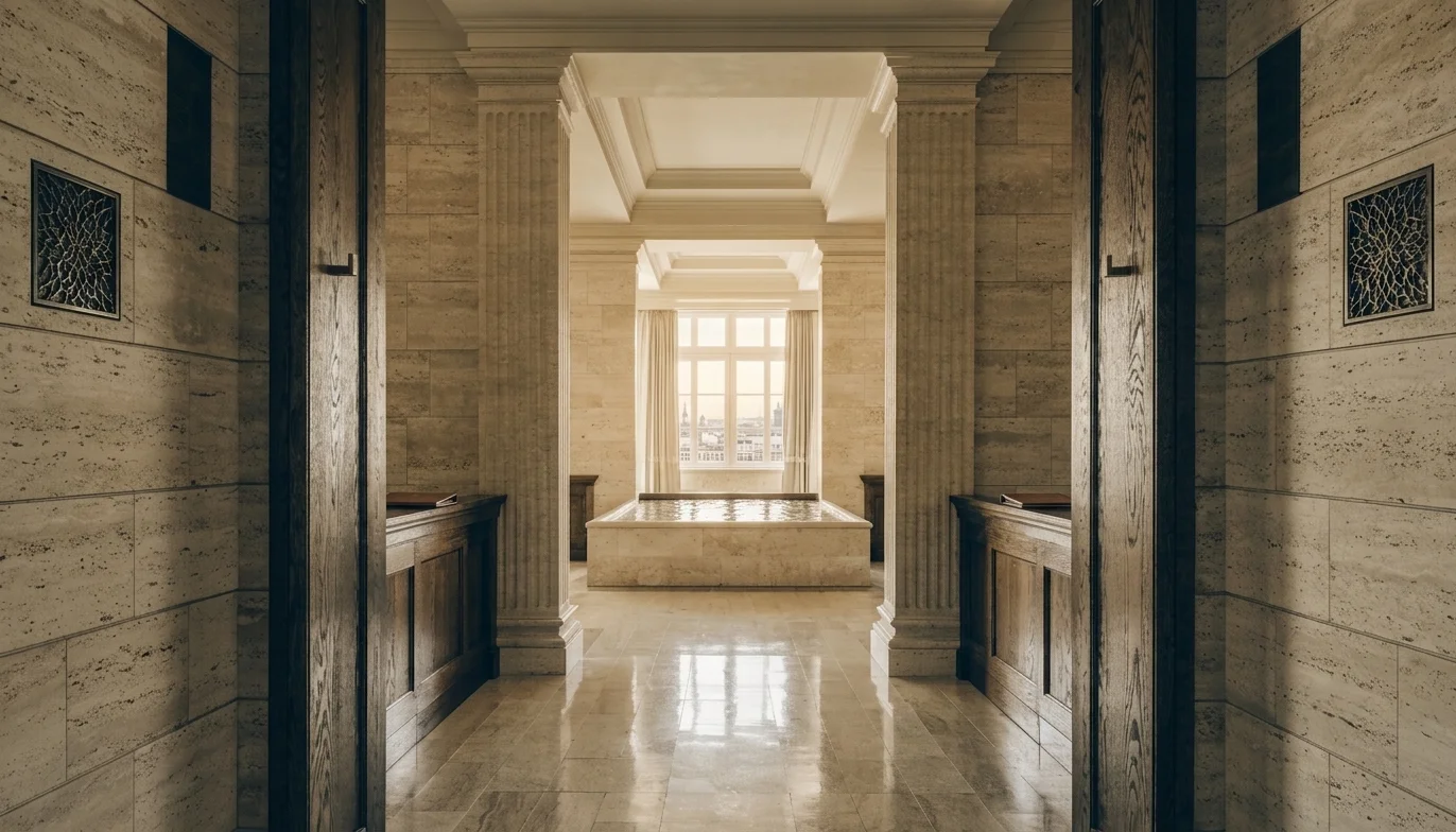 Lobby de hotel de lujo con diseño neoclásico contemporáneo — línea de visión limpia y materiales nobles