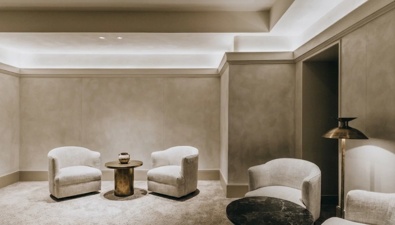 Lobby hotel boutique sin mostrador dominante — eje claro, zonas de estar diferenciadas e iluminación indirecta cálida