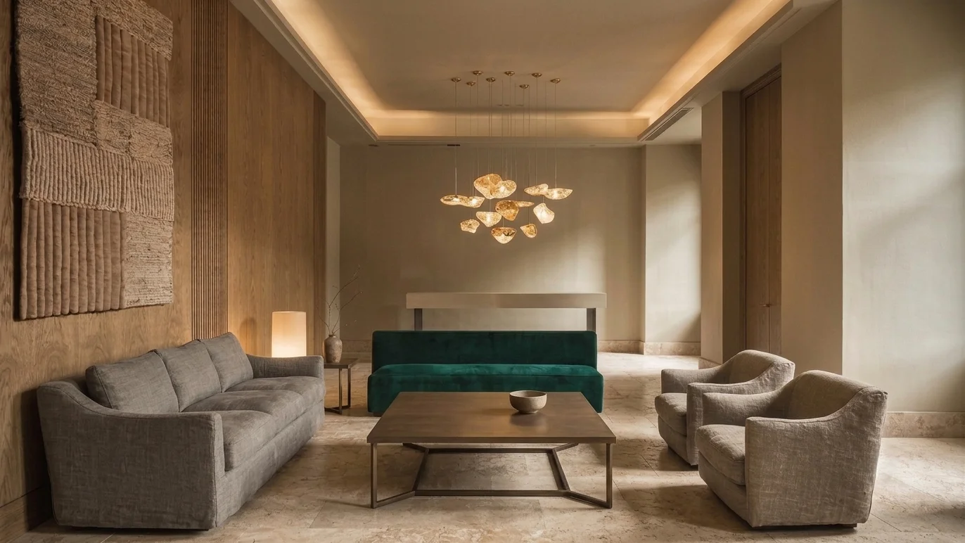 Muestra de neutros cálidos — greige, arena y topo — bajo luz cálida de 2700K para proyecto hotelero