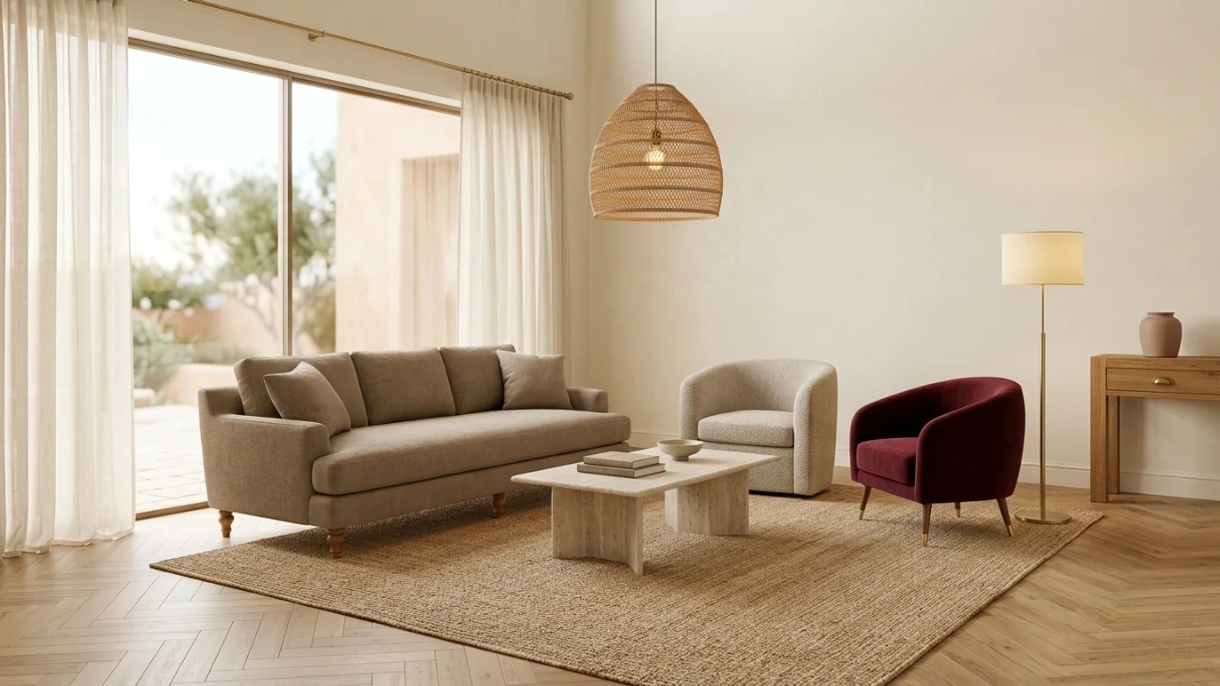 Cabecero de terciopelo terracota en habitación de hotel boutique — acento saturado único sobre base neutra cálida