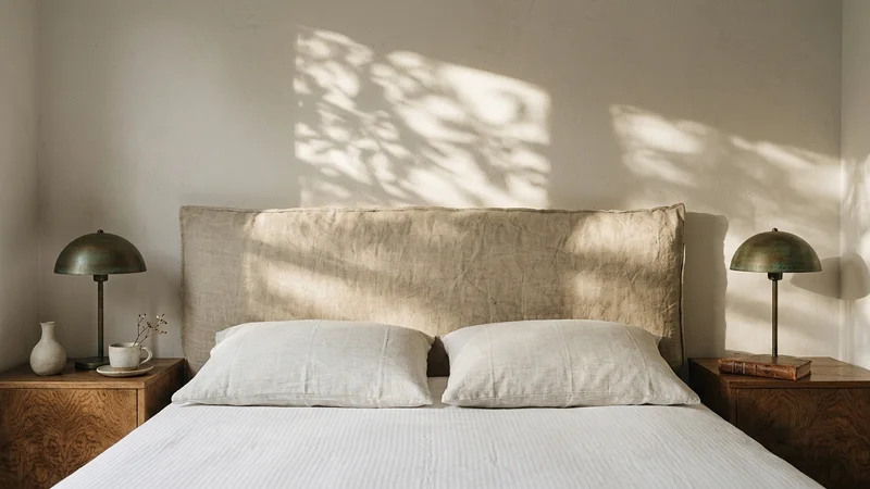 Detalle de habitación de hotel boutique con cabecero de lino y mesillas de roble oscuro