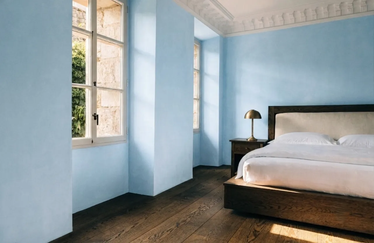 Habitación de hotel boutique en palacete lisboeta con azulejería original conservada y mobiliario contemporáneo